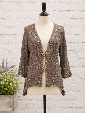 Nina Leonard Brown Crochet Open-Weave Cardigan